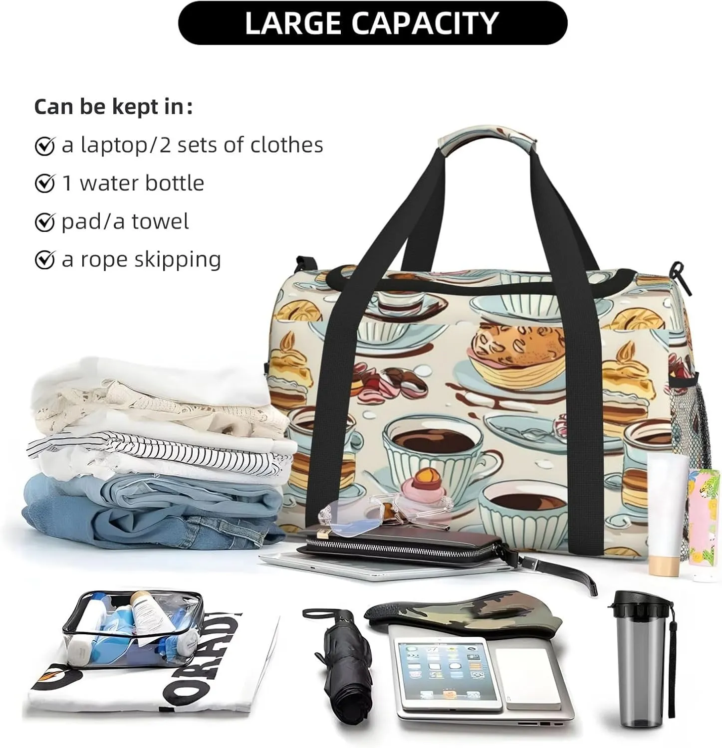 Coffee And Sweets Chocolate Travel Duffel Bag With Zippers And Handles, Big Foldable Duffle Bag For Family Vacations
