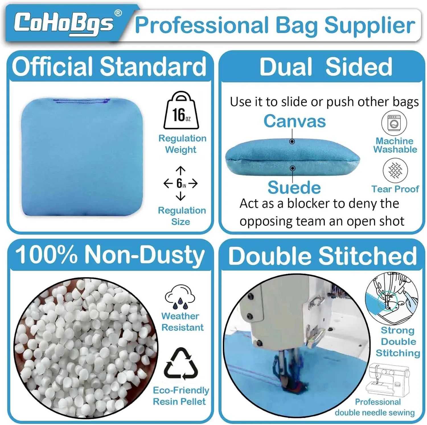 CoHoBgs Corn Hole Bags Set 8, Professional Cornhole Bags Dual-Sided Slick & Stick Resin Filled Suede and Duck Canvas Bean Bags for Cornhole Game Includes Carry Case