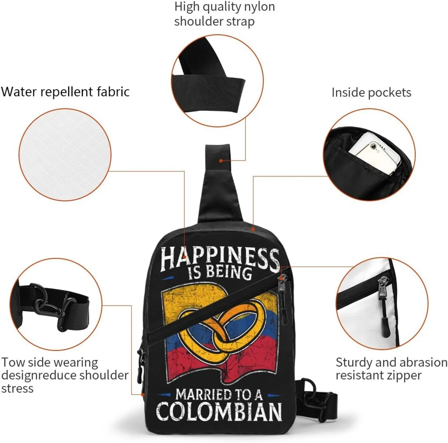 Colombia Marriage Colombian Married Flag Culture Packable Crossbody Bag Portable Sling Bags Foldable Travel Daypack Reusable Sports Shoulder Backpack Diagonally Chest Bag for Workout