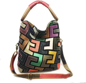 Colorful Hobo Purse for Women Leather Handbag Geometric Pattern Patchwork Multicolored Shoulder Bag Crossbody Satchel