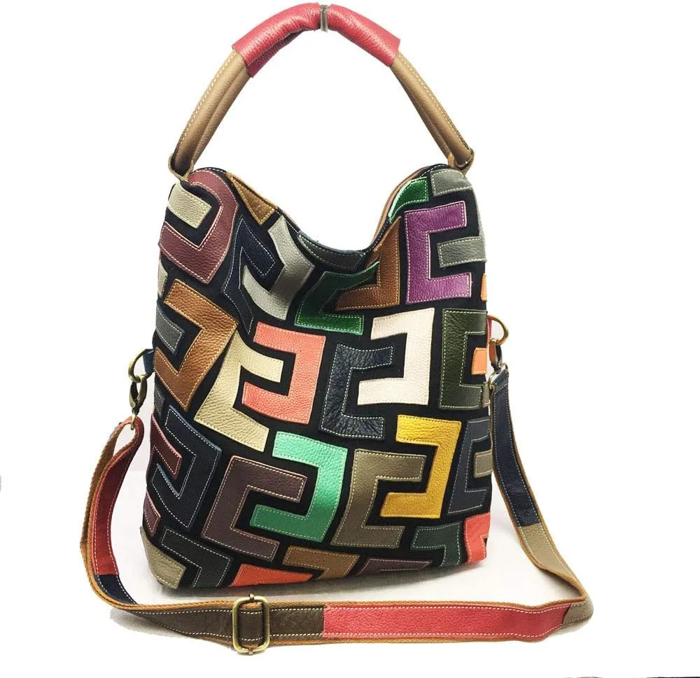 Colorful Hobo Purse for Women Leather Handbag Geometric Pattern Patchwork Multicolored Shoulder Bag Crossbody Satchel