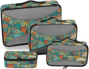Colorful Mandala Patchwork Islam, Arabic, Indian, Ottoman Motifs 4 PCs Set Packing Bags, Luggage Organizer Bag, Portable Cube Toiletry bag, Durable Travel Cosmetic Storage Bag for Men Women