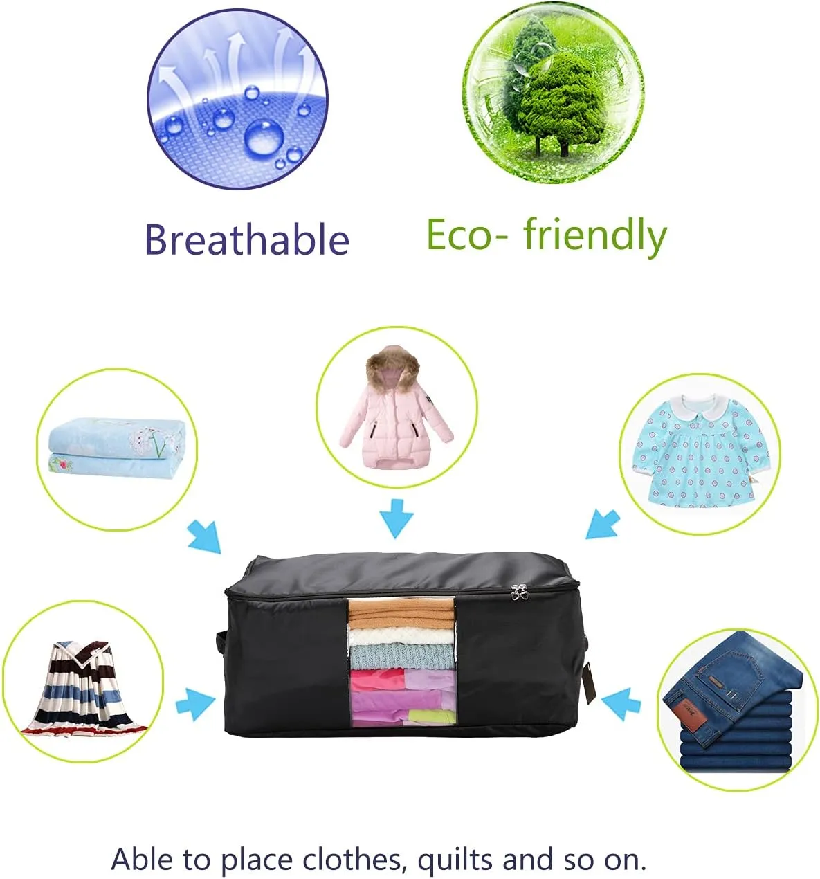 Comforter Storage Bags Pack of 2,Pillow Beddings/Blanket Clothes Organizer Storage Containers with Zippers,Breathable and Moistureproof(Black,2pcs)