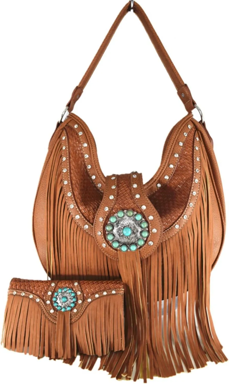 Concealed Carry Fringe Cow Purse Handbag Hobo Messenger Shoulder Bag Wallet Set Brown