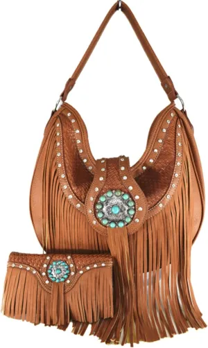 Concealed Carry Fringe Cow Purse Handbag Hobo Messenger Shoulder Bag Wallet Set Brown