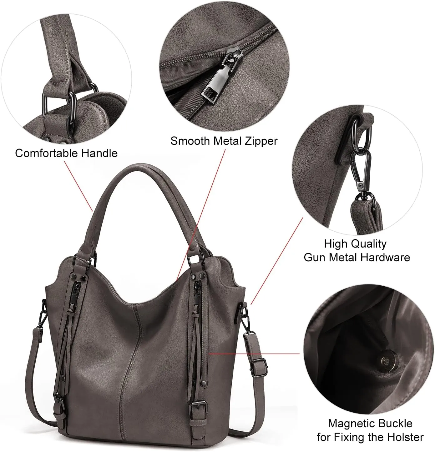 Concealed Carry Hobo Purse for Women Faux Leather Crossbody Shoulder Bags Large Tote Bag with Detachable Holster