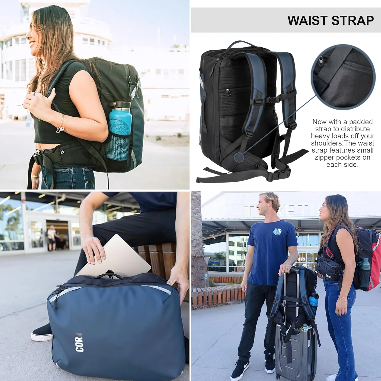 COR Surf Carry On Travel Laptop Backpack with Secret Passport Pockets | Daypack Business Weekender Luggage Backpack for Men and Women | The Island Hopper (40L, Navy Blue)