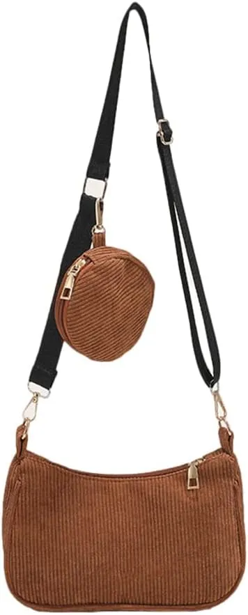 Corduroy Crossbody Bag with Coin Purse for Women Multipurpose Corduroy Shoulder Phone Purse including 2 Size Bags