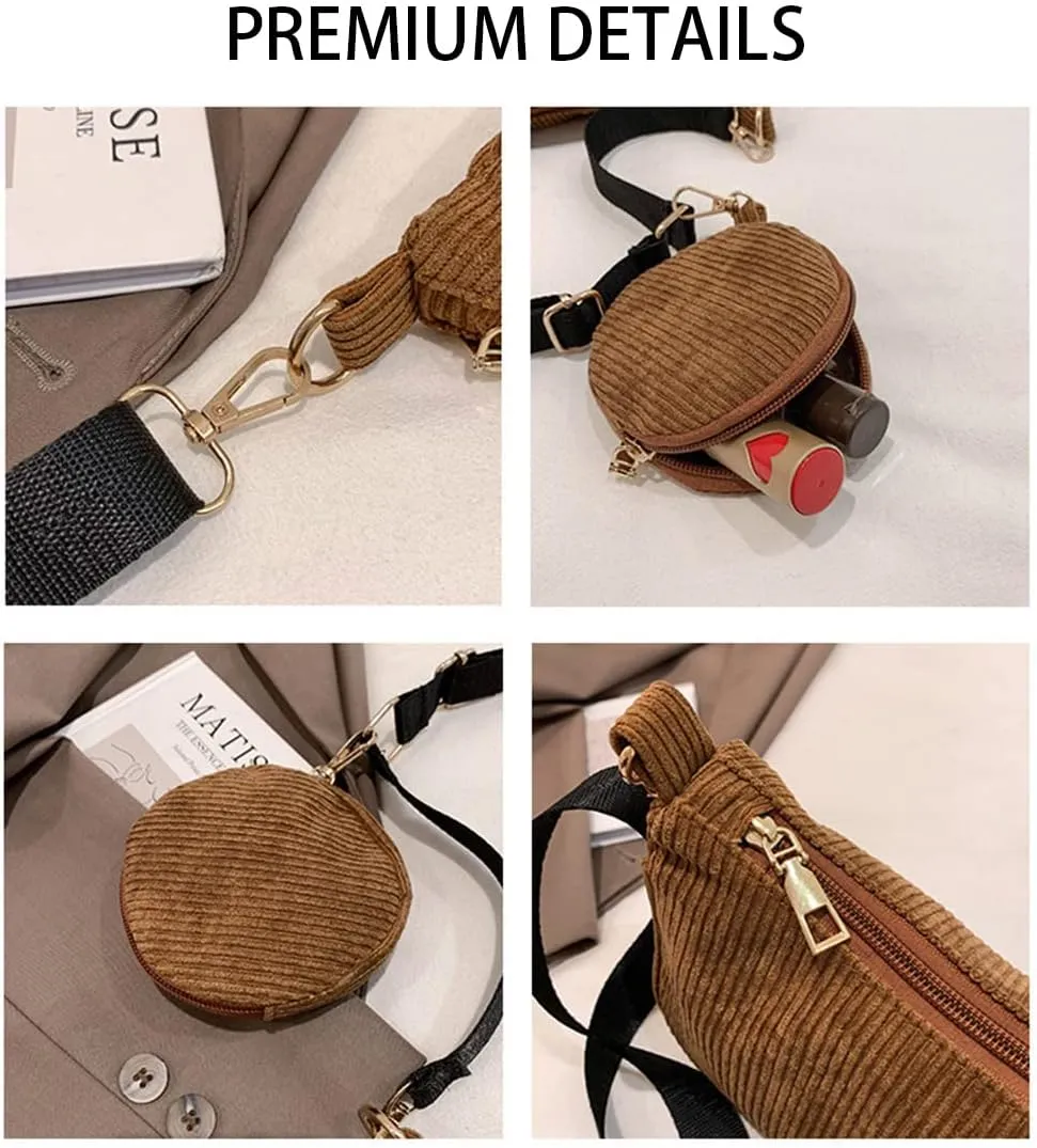 Corduroy Crossbody Bag with Coin Purse for Women Multipurpose Corduroy Shoulder Phone Purse including 2 Size Bags