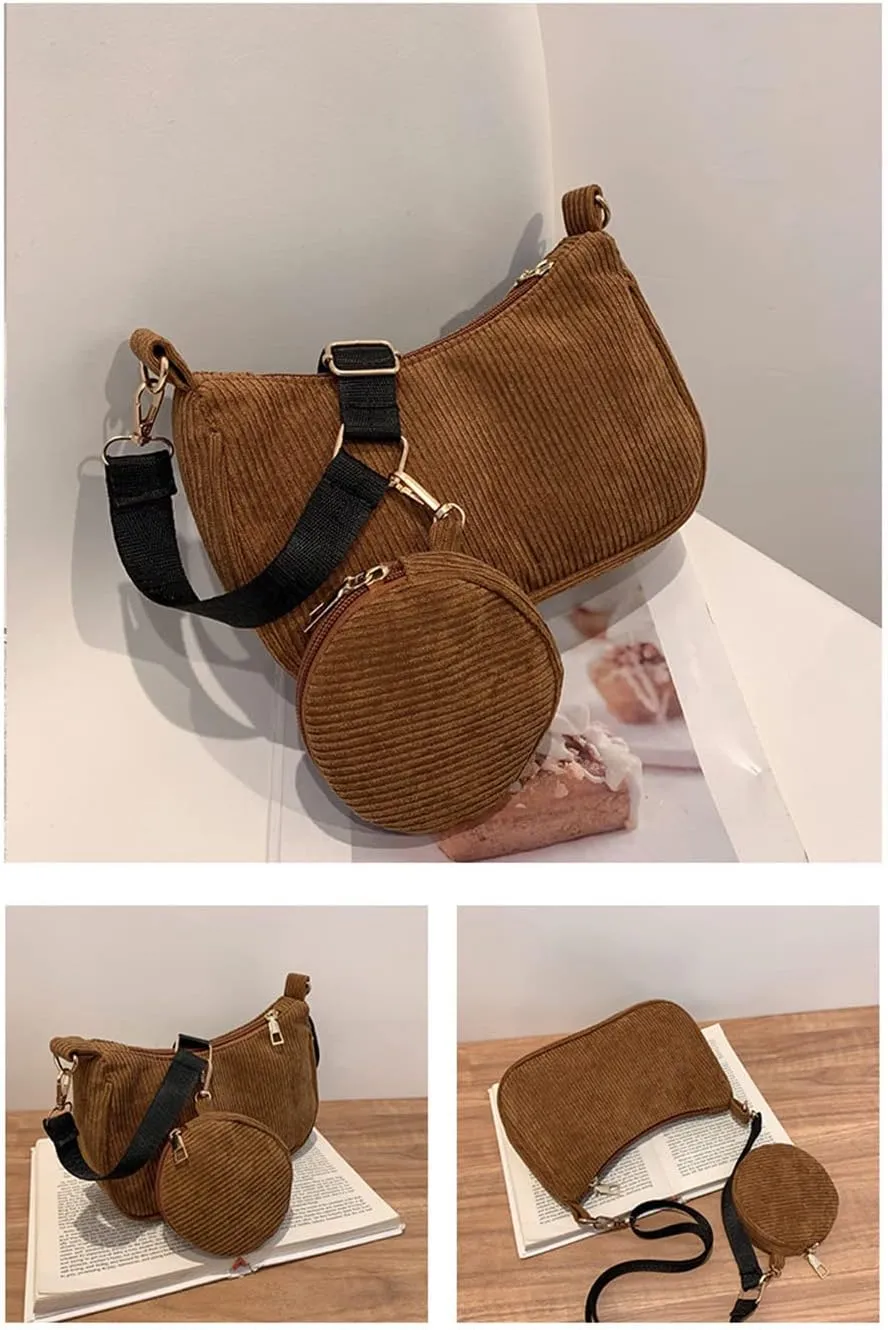 Corduroy Crossbody Bag with Coin Purse for Women Multipurpose Corduroy Shoulder Phone Purse including 2 Size Bags