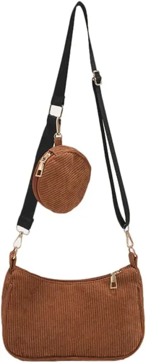 Corduroy Crossbody Bag with Coin Purse for Women Multipurpose Corduroy Shoulder Phone Purse including 2 Size Bags