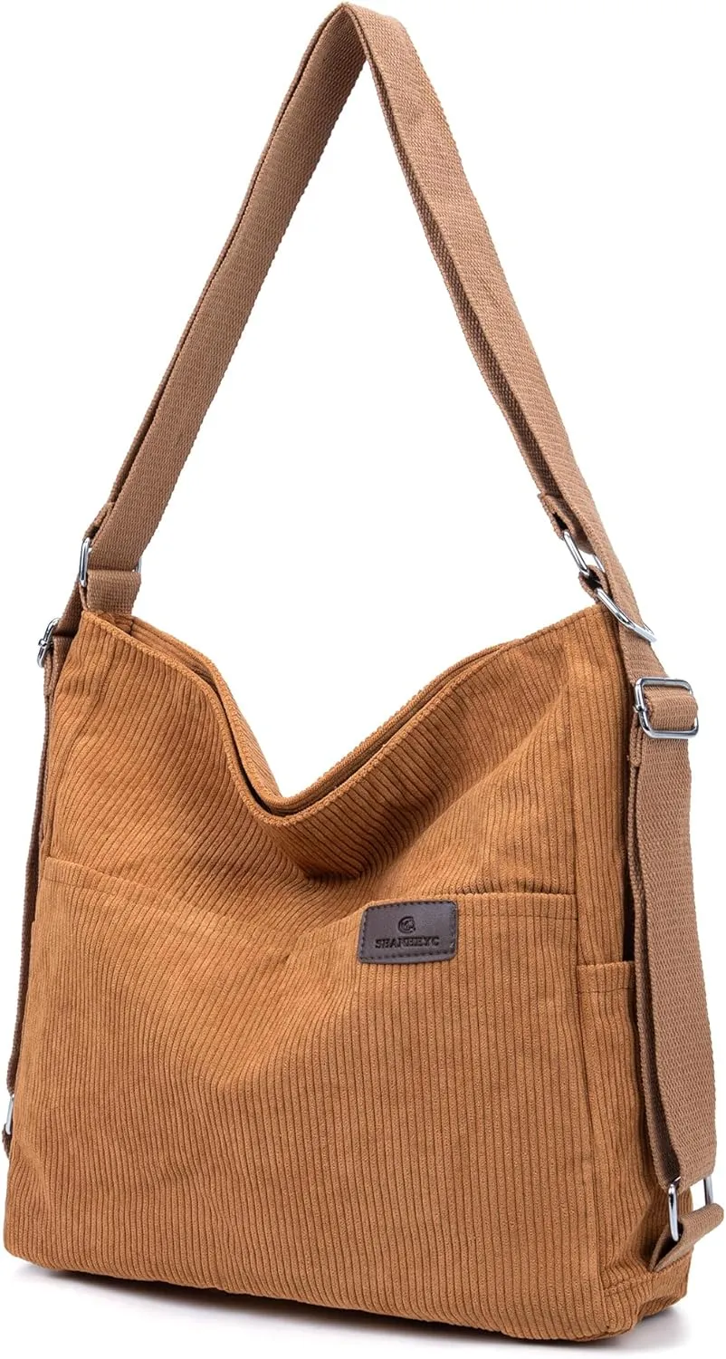 Corduroy Tote Backpack Crossbody Bag for Women, Convertible Shoulder Bags Designer Handbag for College, Work