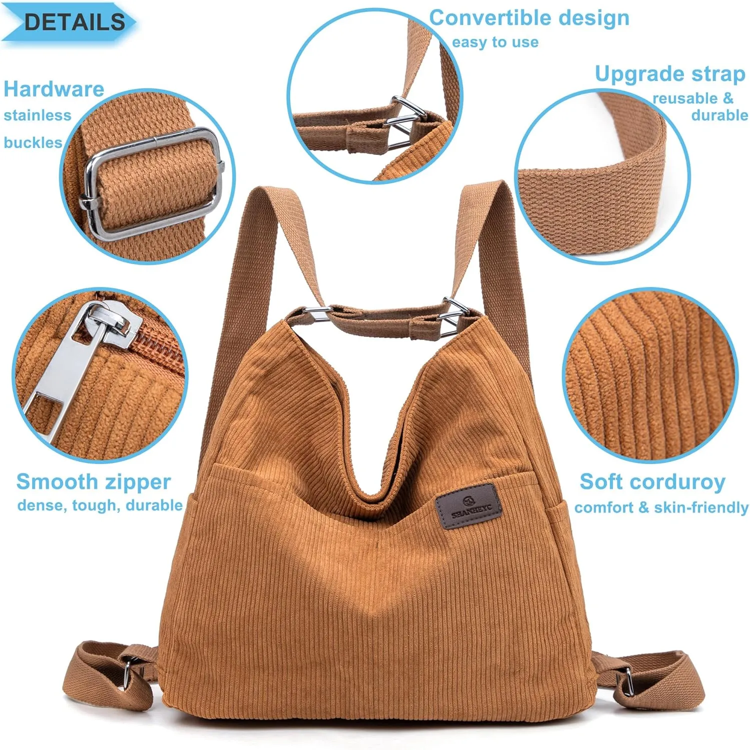 Corduroy Tote Backpack Crossbody Bag for Women, Convertible Shoulder Bags Designer Handbag for College, Work