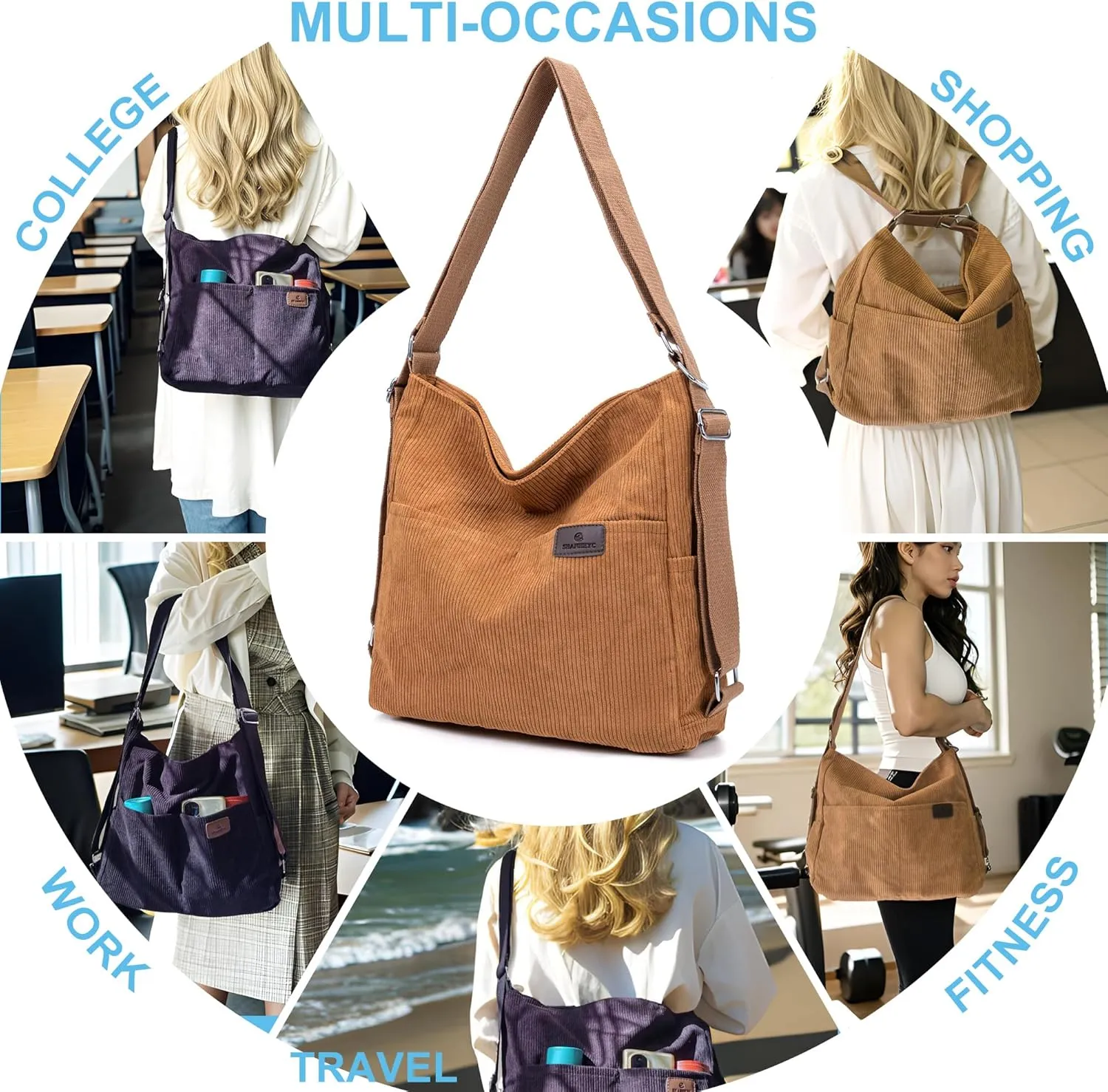Corduroy Tote Backpack Crossbody Bag for Women, Convertible Shoulder Bags Designer Handbag for College, Work