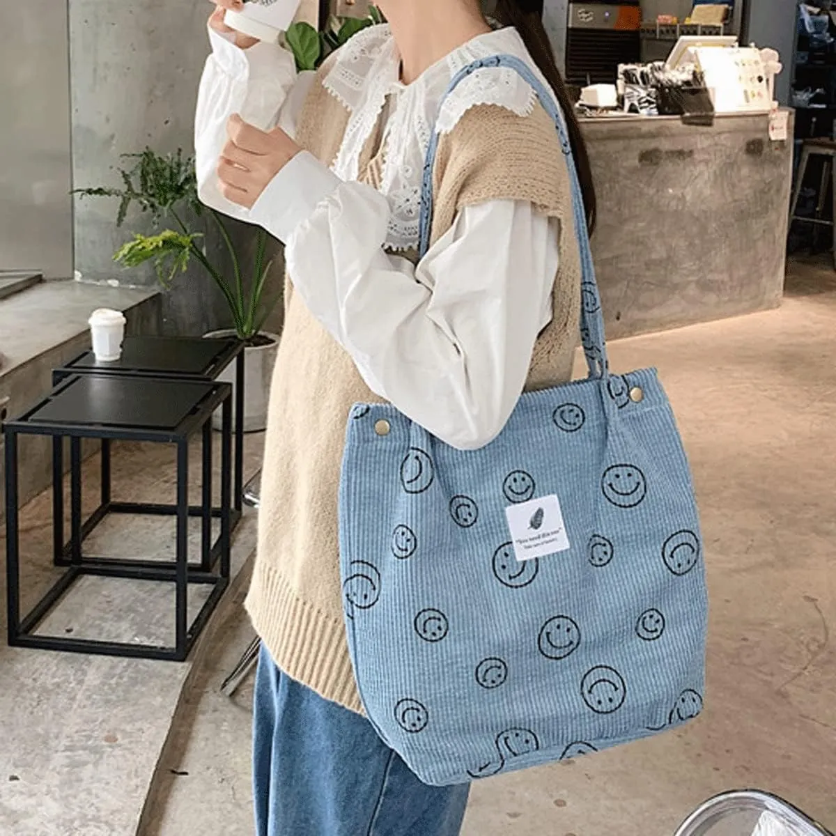 Corduroy Tote Bag Aesthetic Cute Tote Bags Large School Shoulder Bags for Girls Trendy Stuff