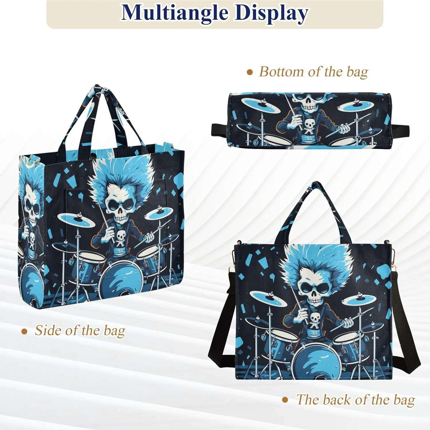 Corduroy Tote Bag Cartoon Blue Human Skeleton Playing Drum Set Women Crossbody Bag
