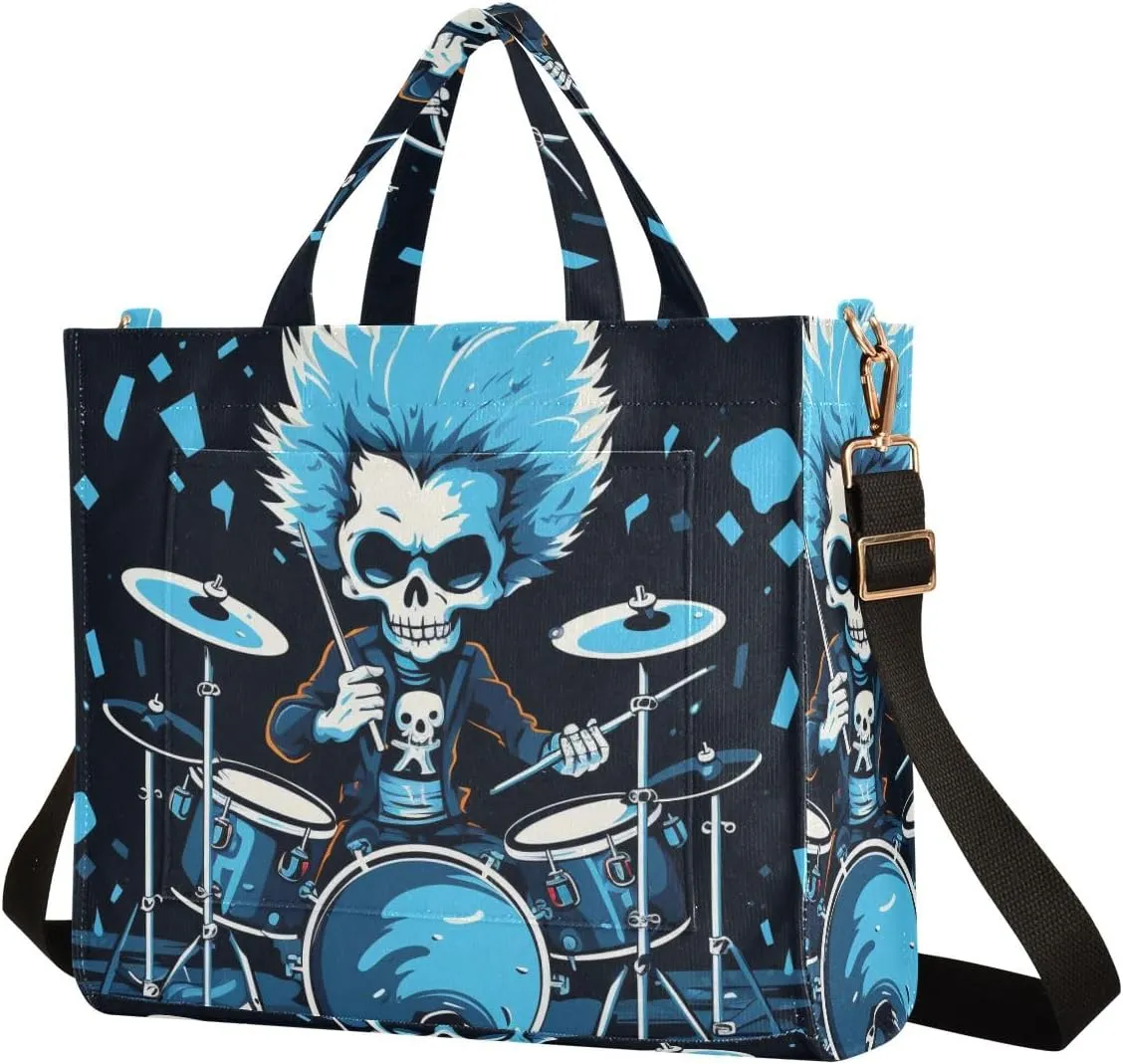Corduroy Tote Bag Cartoon Blue Human Skeleton Playing Drum Set Women Crossbody Bag