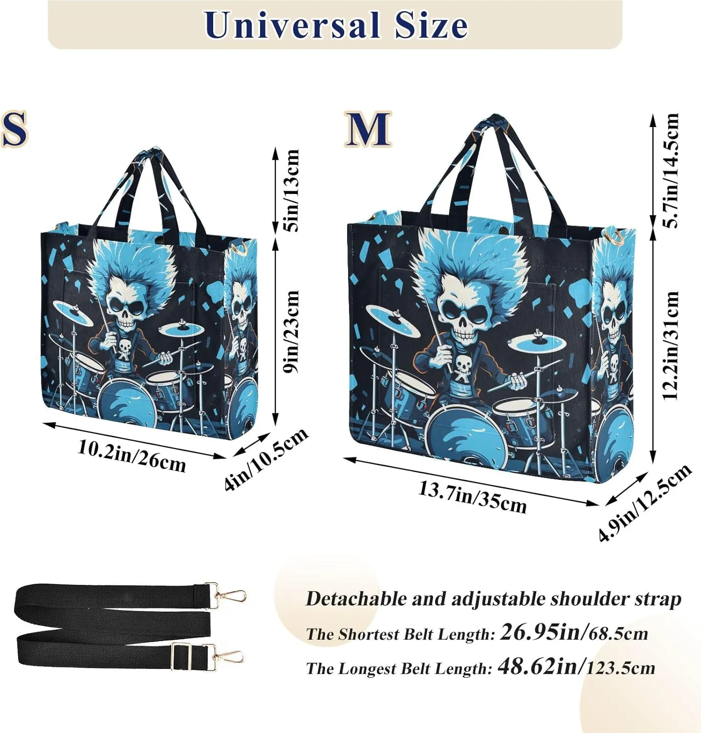Corduroy Tote Bag Cartoon Blue Human Skeleton Playing Drum Set Women Crossbody Bag