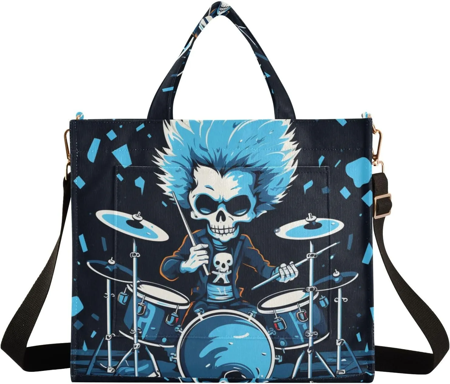 Corduroy Tote Bag Cartoon Blue Human Skeleton Playing Drum Set Women Crossbody Bag