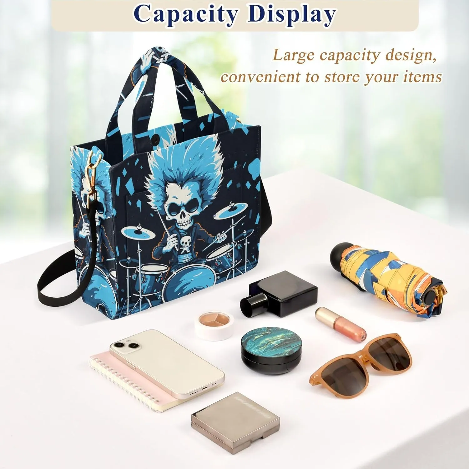 Corduroy Tote Bag Cartoon Blue Human Skeleton Playing Drum Set Women Crossbody Bag
