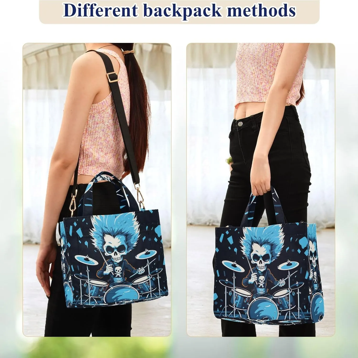 Corduroy Tote Bag Cartoon Blue Human Skeleton Playing Drum Set Women Crossbody Bag
