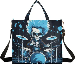 Corduroy Tote Bag Cartoon Blue Human Skeleton Playing Drum Set Women Crossbody Bag