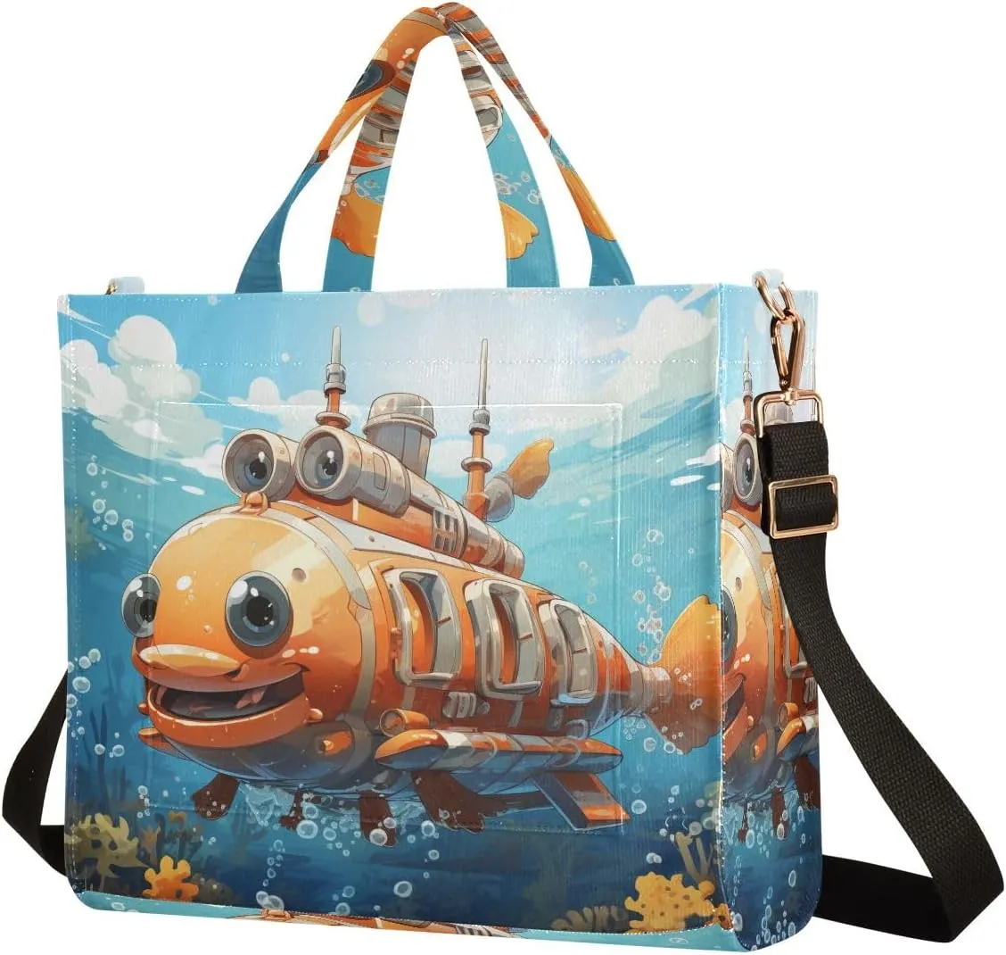 Corduroy Tote Bag Cartoon Submarine under The Sea Women Crossbody Bag with Detachable and Adjustable Shoulder Strap