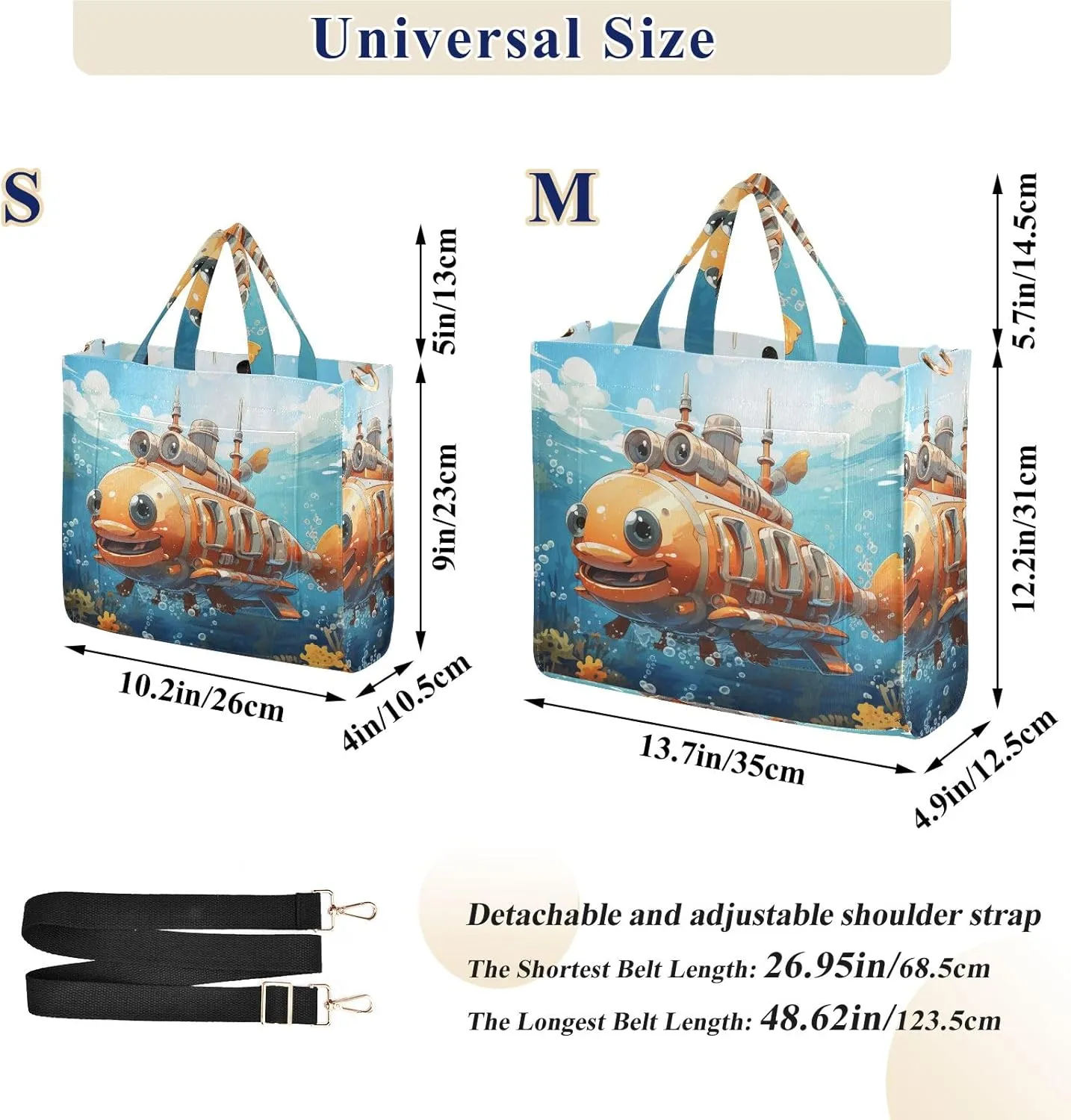 Corduroy Tote Bag Cartoon Submarine under The Sea Women Crossbody Bag with Detachable and Adjustable Shoulder Strap