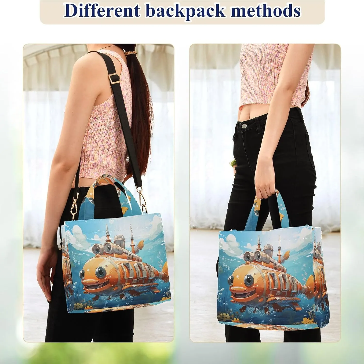 Corduroy Tote Bag Cartoon Submarine under The Sea Women Crossbody Bag with Detachable and Adjustable Shoulder Strap