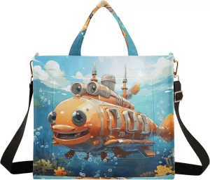 Corduroy Tote Bag Cartoon Submarine under The Sea Women Crossbody Bag with Detachable and Adjustable Shoulder Strap
