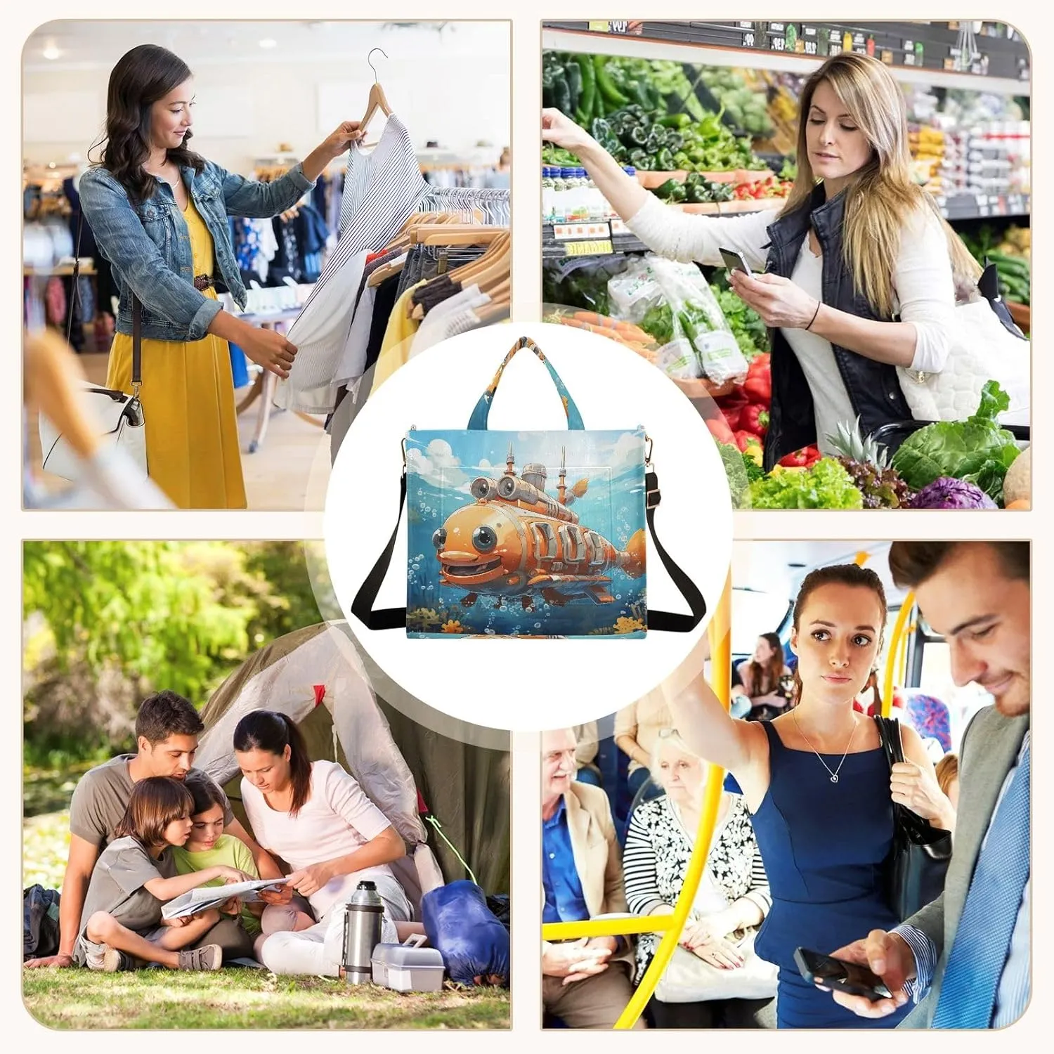 Corduroy Tote Bag Cartoon Submarine under The Sea Women Crossbody Bag with Detachable and Adjustable Shoulder Strap