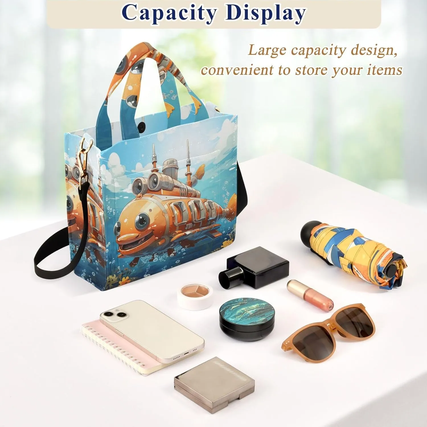 Corduroy Tote Bag Cartoon Submarine under The Sea Women Crossbody Bag with Detachable and Adjustable Shoulder Strap