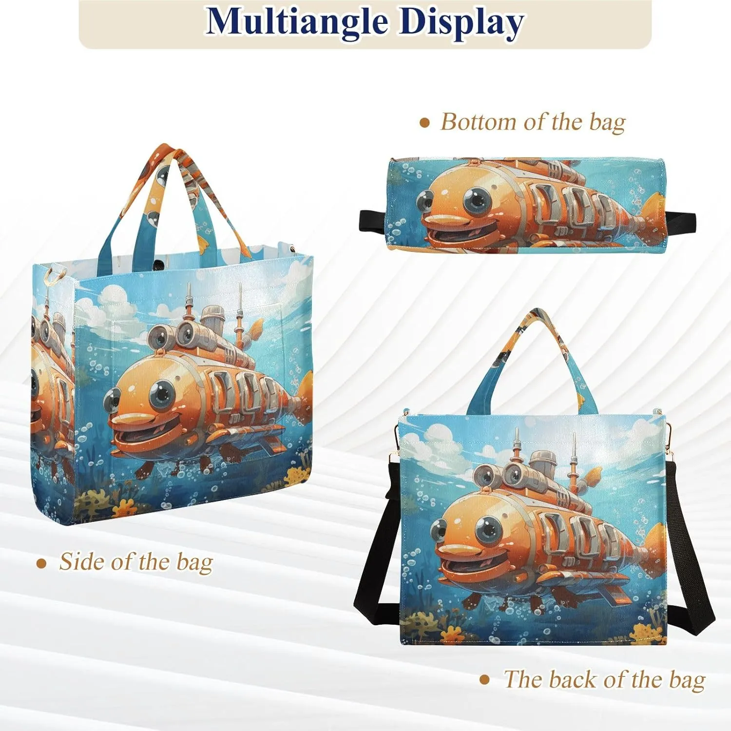 Corduroy Tote Bag Cartoon Submarine under The Sea Women Crossbody Bag with Detachable and Adjustable Shoulder Strap