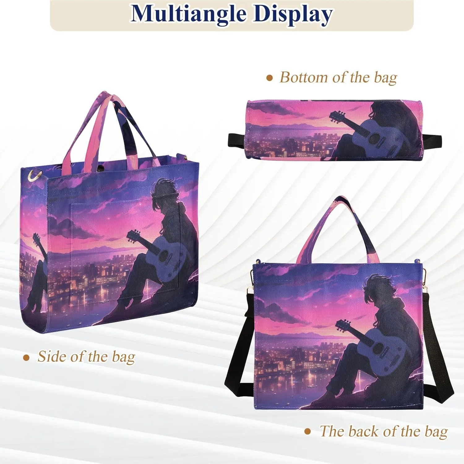 Corduroy Tote Bag Character Playing Guitar on The City Rooftop Women Crossbody Bag