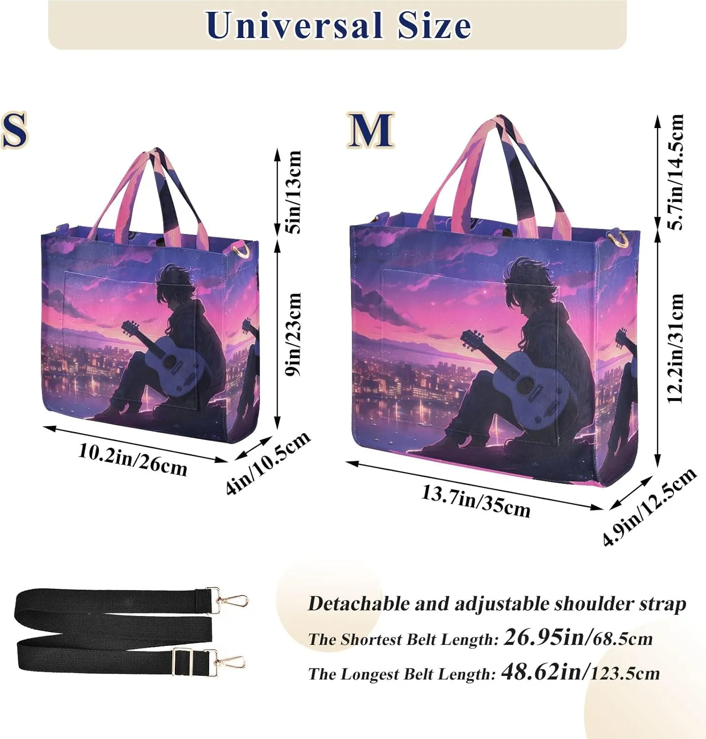 Corduroy Tote Bag Character Playing Guitar on The City Rooftop Women Crossbody Bag