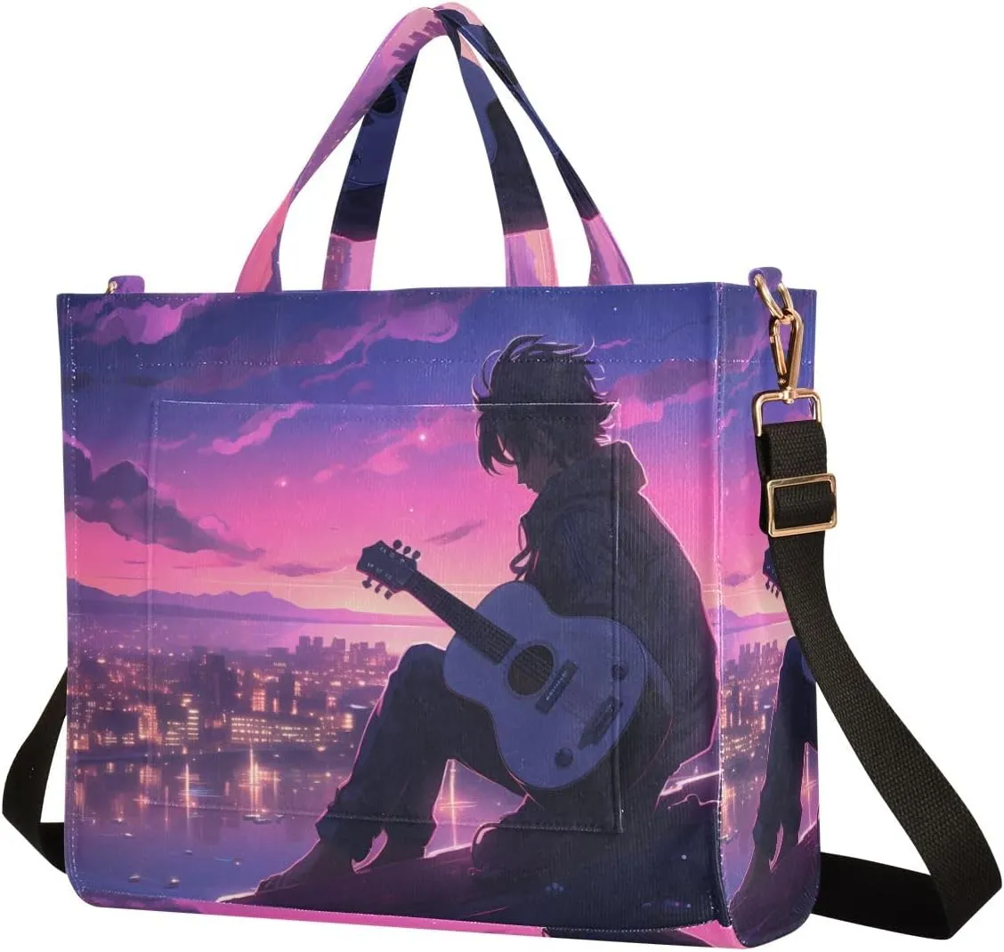 Corduroy Tote Bag Character Playing Guitar on The City Rooftop Women Crossbody Bag