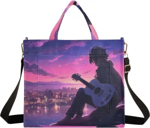 Corduroy Tote Bag Character Playing Guitar on The City Rooftop Women Crossbody Bag