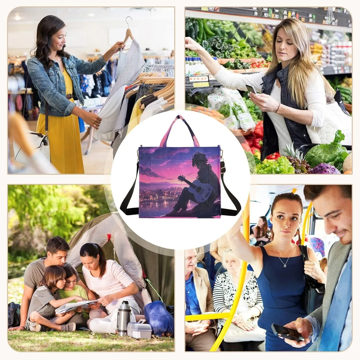 Corduroy Tote Bag Character Playing Guitar on The City Rooftop Women Crossbody Bag