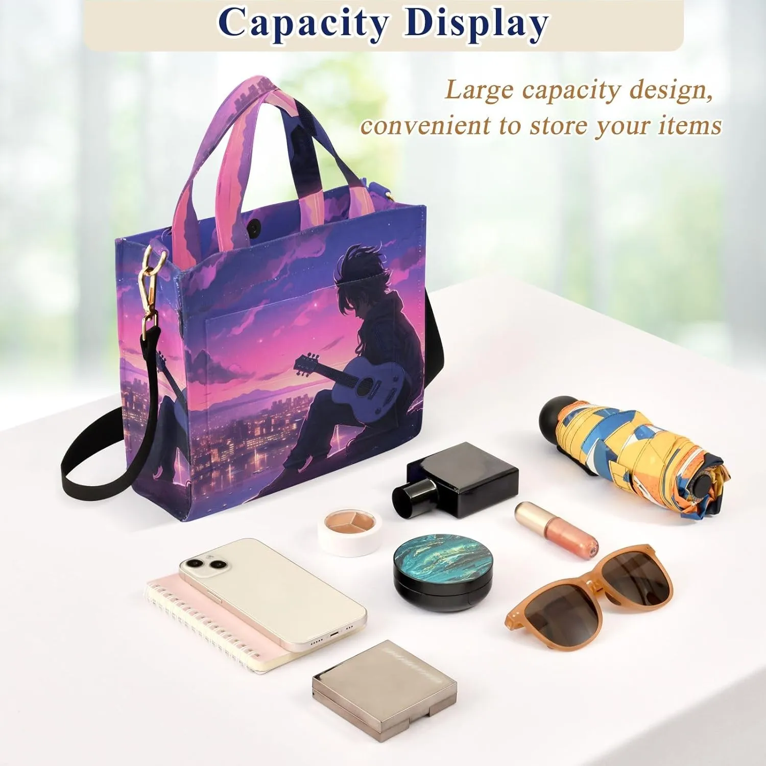 Corduroy Tote Bag Character Playing Guitar on The City Rooftop Women Crossbody Bag