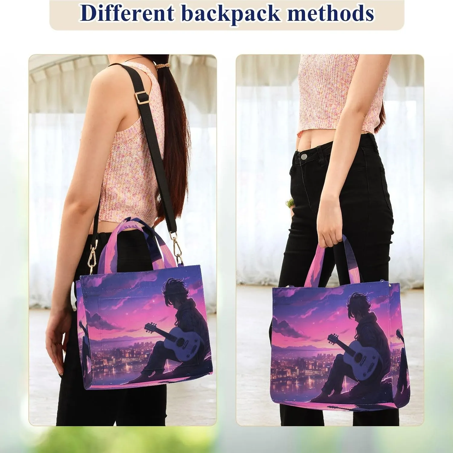 Corduroy Tote Bag Character Playing Guitar on The City Rooftop Women Crossbody Bag