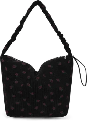 Corduroy Tote Bag Cute Strawberry Purse Shoulder Bag for Women Aesthetic Tote Bag Hobo Purse with Zipper