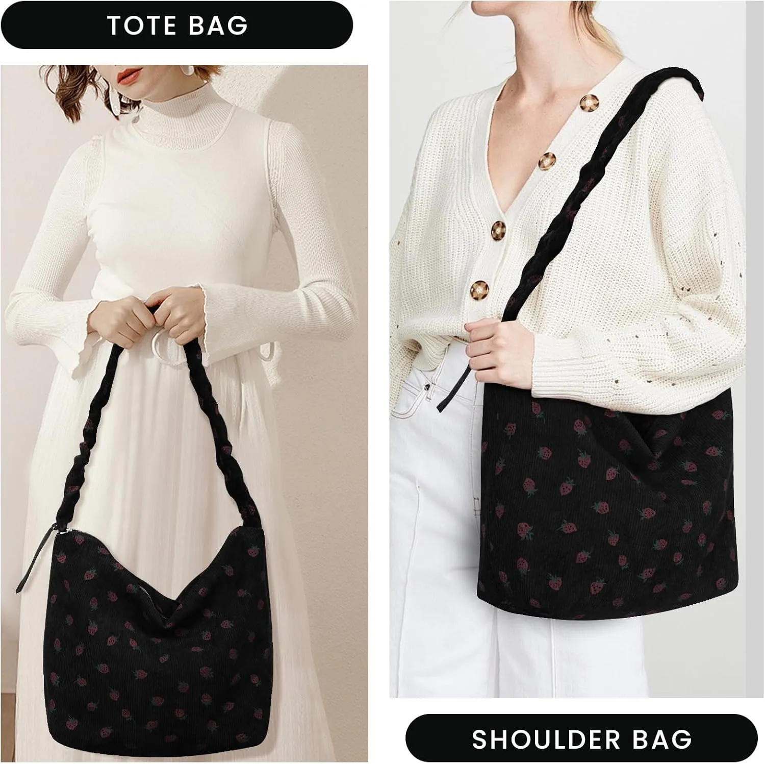 Corduroy Tote Bag Cute Strawberry Purse Shoulder Bag for Women Aesthetic Tote Bag Hobo Purse with Zipper