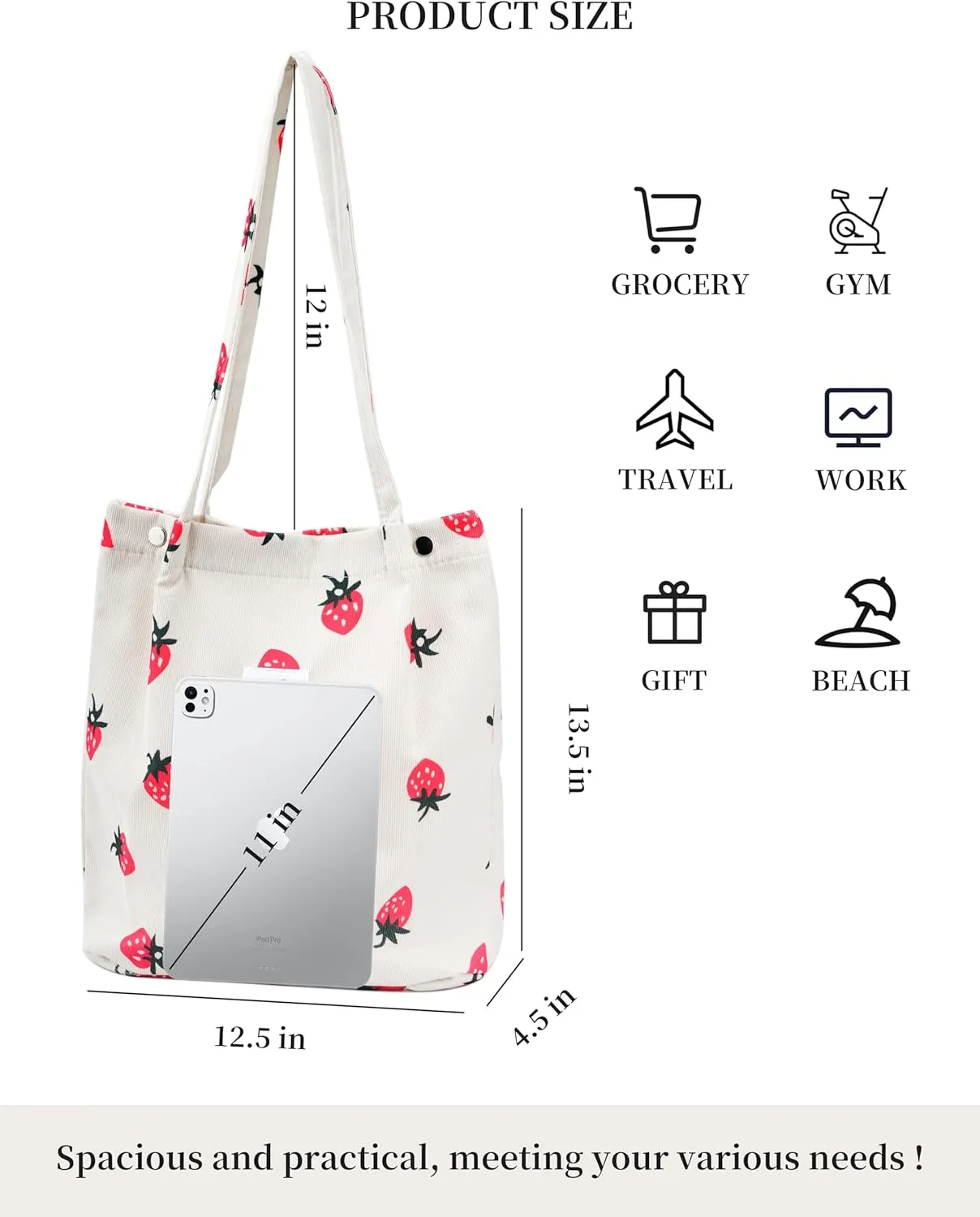 Corduroy Tote Bag Cute Tote Bags for Women Shoulder Bag with Inner Pocket for Work Beach Travel and Shopping Grocery