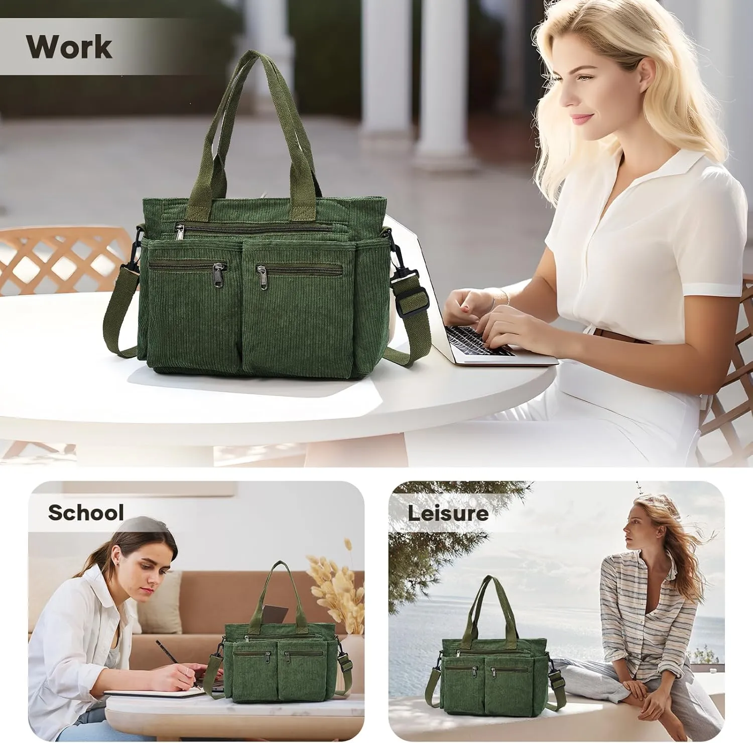 Corduroy Tote Bag for Women, Crossbody Bags, Mutil Pockets Handbag Tote Bag for Travel, Work