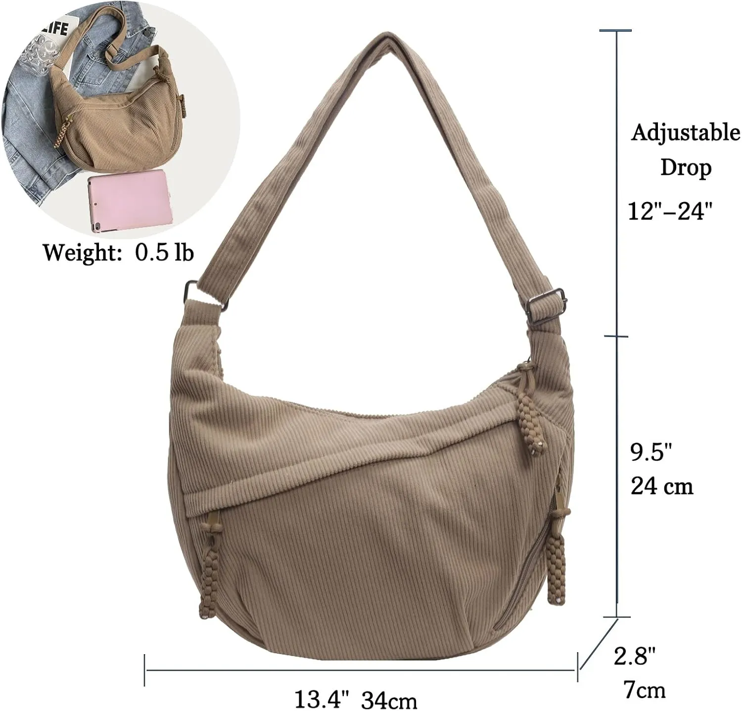 Corduroy Tote Bag for Women,Hobo Crossbody Bags for Women Unisex Shoulder Bag Cross Body Purses and Handbags