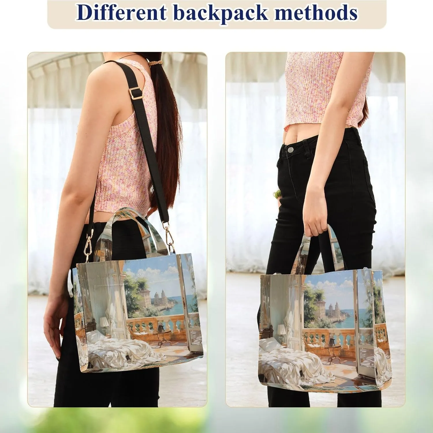 Corduroy Tote Bag Seaside Bedroom Oil Painting Women Crossbody Bag with Detachable and Adjustable Shoulder Strap