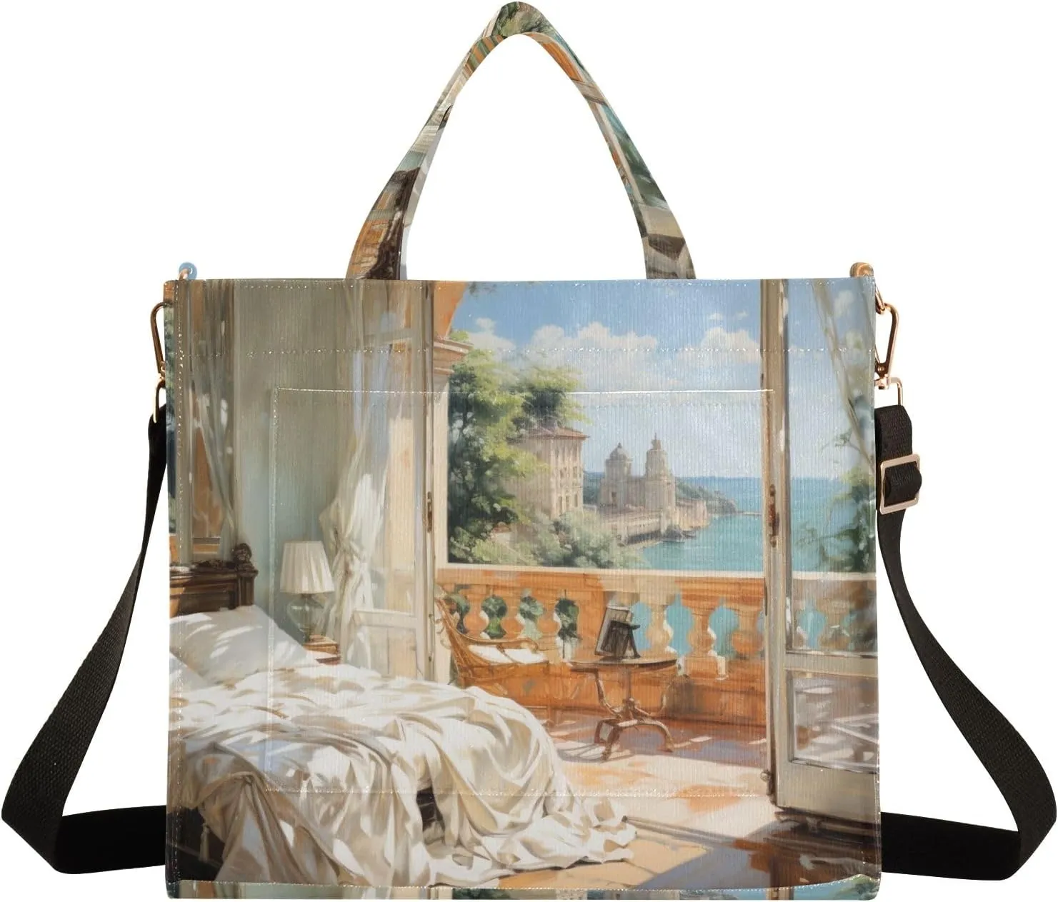 Corduroy Tote Bag Seaside Bedroom Oil Painting Women Crossbody Bag with Detachable and Adjustable Shoulder Strap