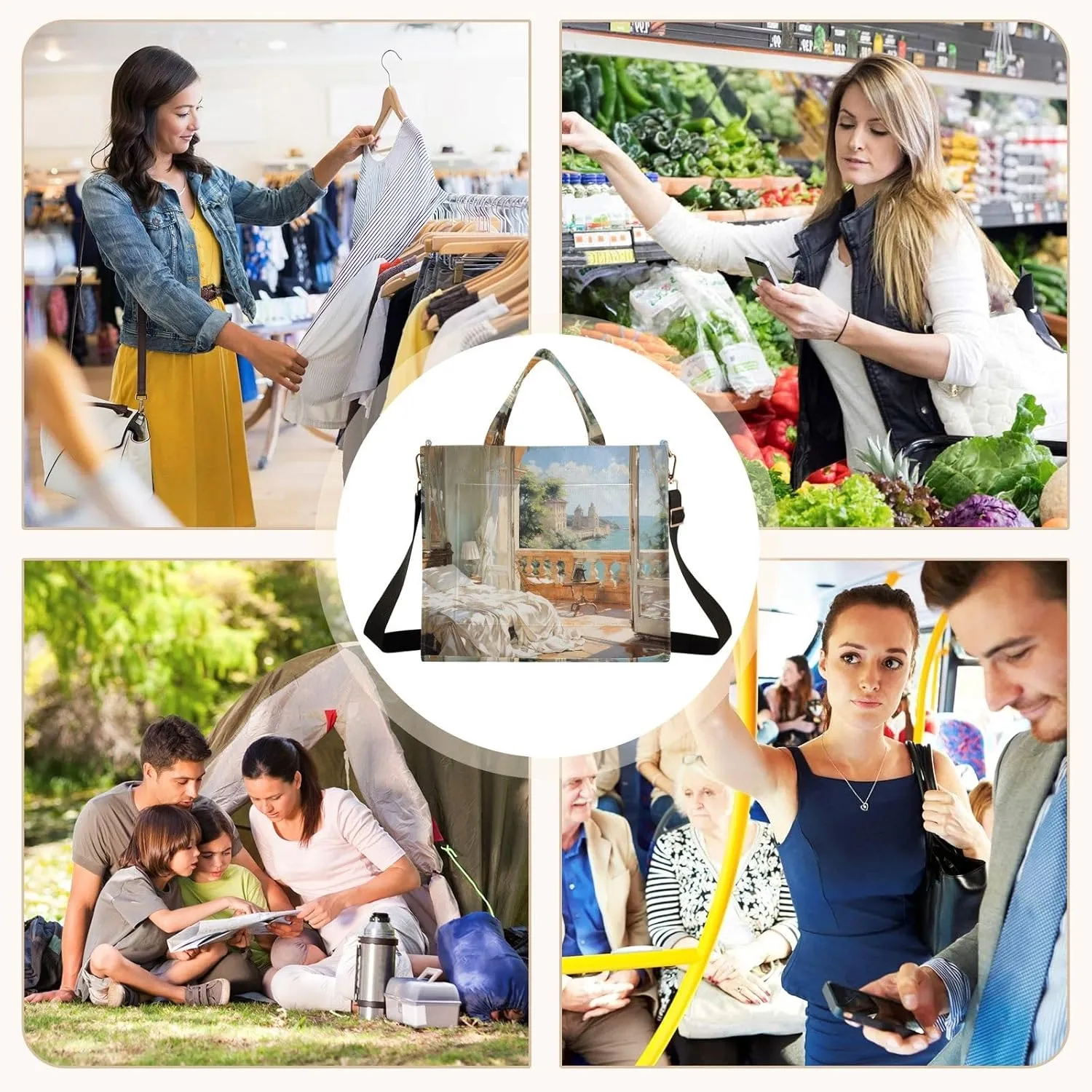 Corduroy Tote Bag Seaside Bedroom Oil Painting Women Crossbody Bag with Detachable and Adjustable Shoulder Strap