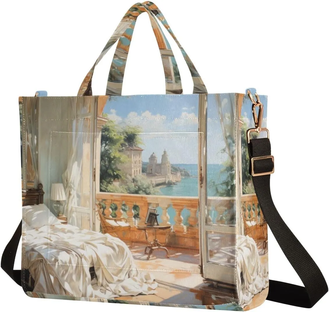 Corduroy Tote Bag Seaside Bedroom Oil Painting Women Crossbody Bag with Detachable and Adjustable Shoulder Strap