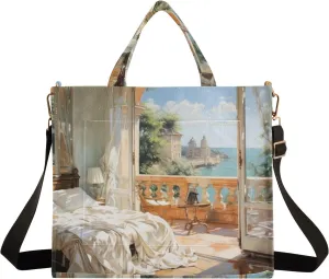 Corduroy Tote Bag Seaside Bedroom Oil Painting Women Crossbody Bag with Detachable and Adjustable Shoulder Strap